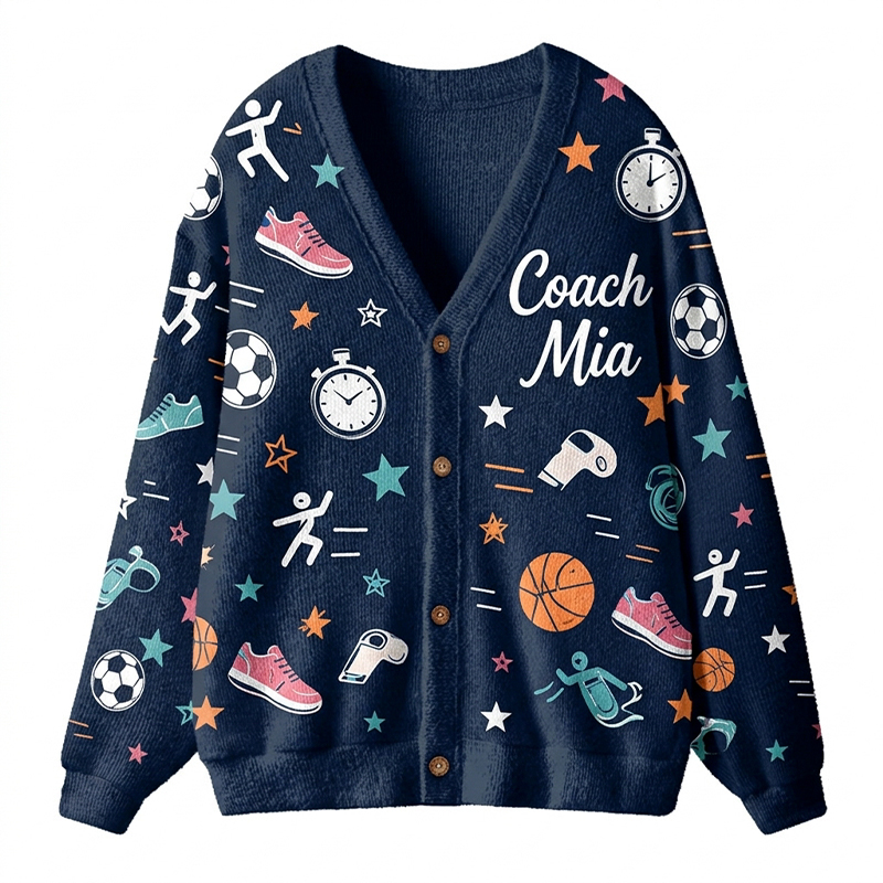 Personalized Coach Name Sport Pattern Teacher Ugly Cardigan Sweaters