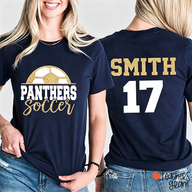 Personalized Glitter Soccer Bella Canvas Teacher Two Sided T-Shirt