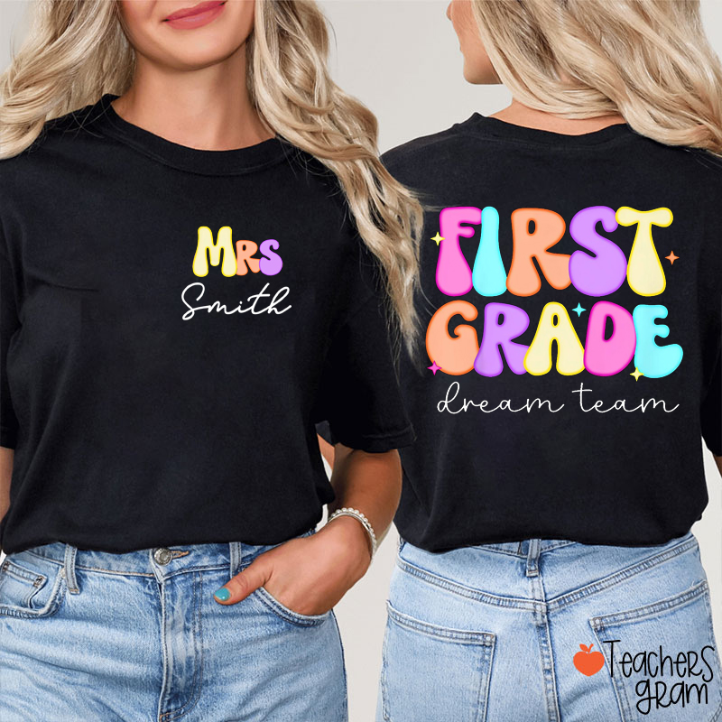 Personalized Grade And Name Candy Color Fonts Teacher Two Sided T-Shirt