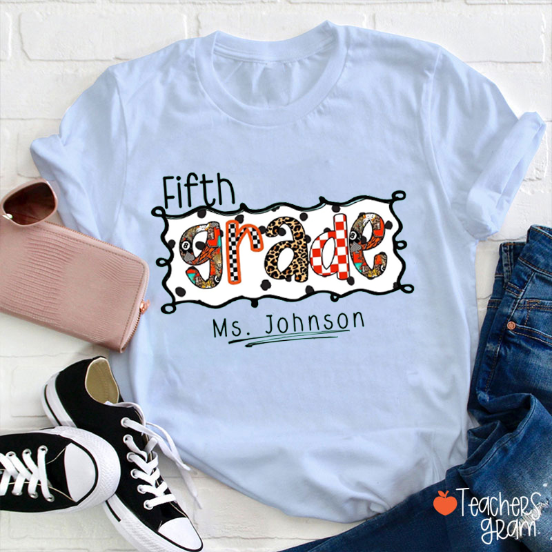 Personalized Grade And Name Checkered Leopard Print Teacher T-Shirt