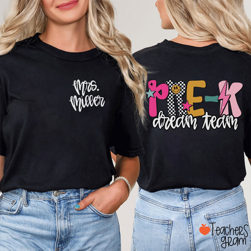 Personalized Grade And Name Checkered Lightning Dream Team Teacher Two Sided T-Shirt