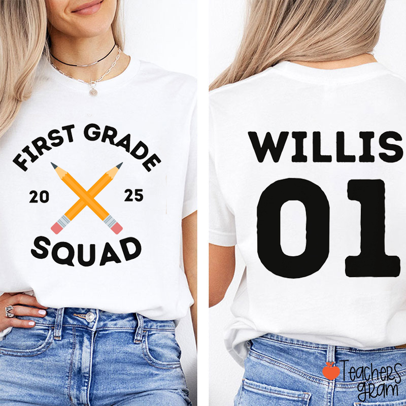 Personalized Grade And Name Crossed Pencils Teacher Two Sided T-Shirt