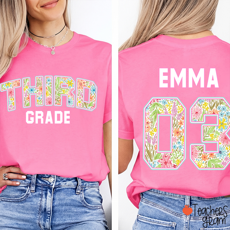 Personalized Grade And Name Floral Letter Teacher Two Sided T-Shirt
