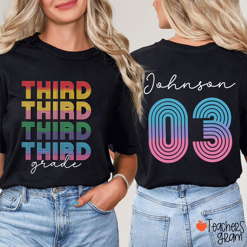 Personalized Grade And Name Gradient Stripes Teacher Two Sided T-Shirt