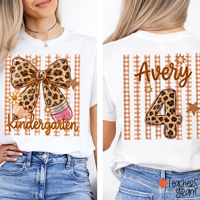 Personalized Grade And Name Leopard Bow Pencil Gingham Teacher Two Sided T-Shirt