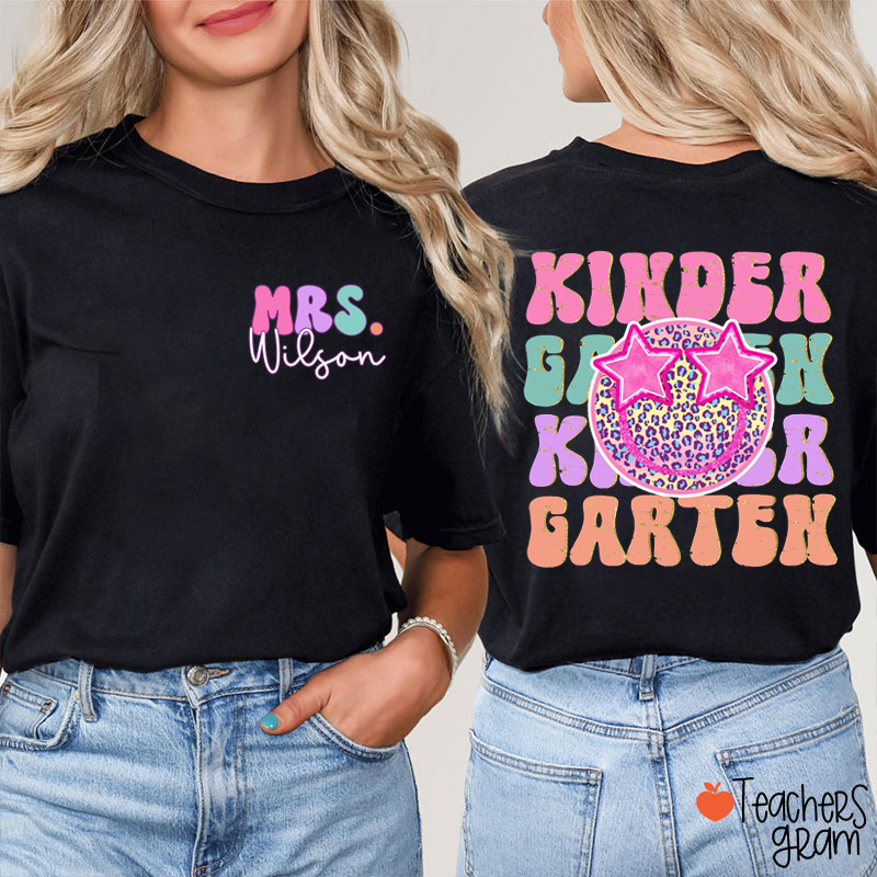 Personalized Grade And Name Leopard Smiley Face Teacher Two Sided T-Shirt
