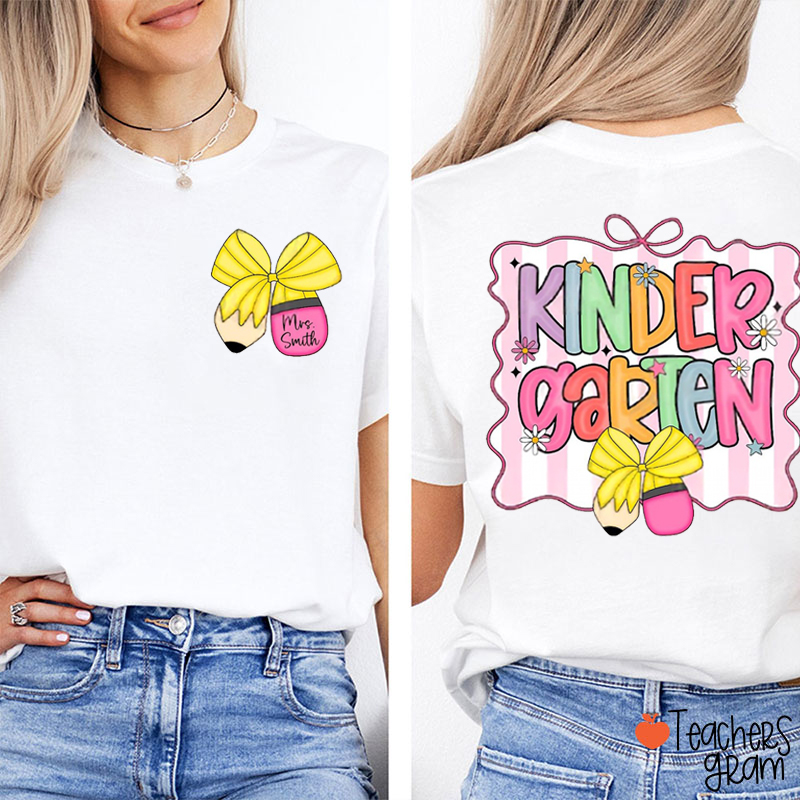 Personalized Grade And Name Pencil Bow Teacher Two Sided T-Shirt