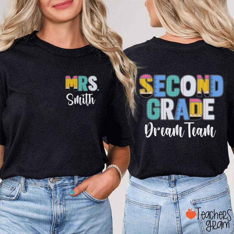 Personalized Grade And Name Pencil Ruler Notebook Teacher Two Sided T-Shirt