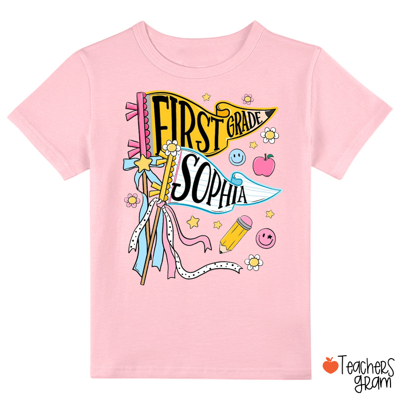 Personalized Grade And Name Pennant Bow School Supply Kid Class T-Shirt