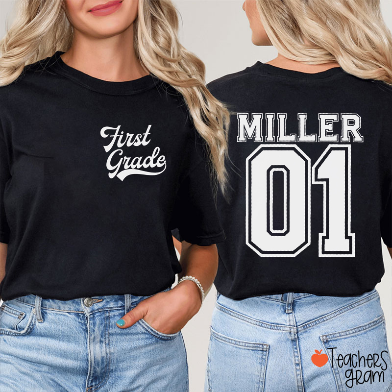 Personalized Grade And Name Simple Design Teacher Two Sided T-Shirt