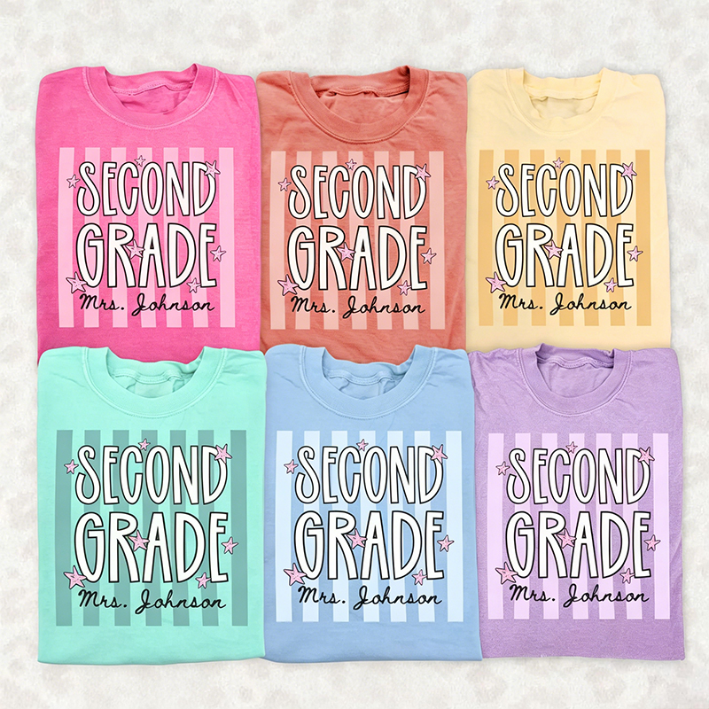 Personalized Grade And Name Stripes Stars Teacher T-Shirt