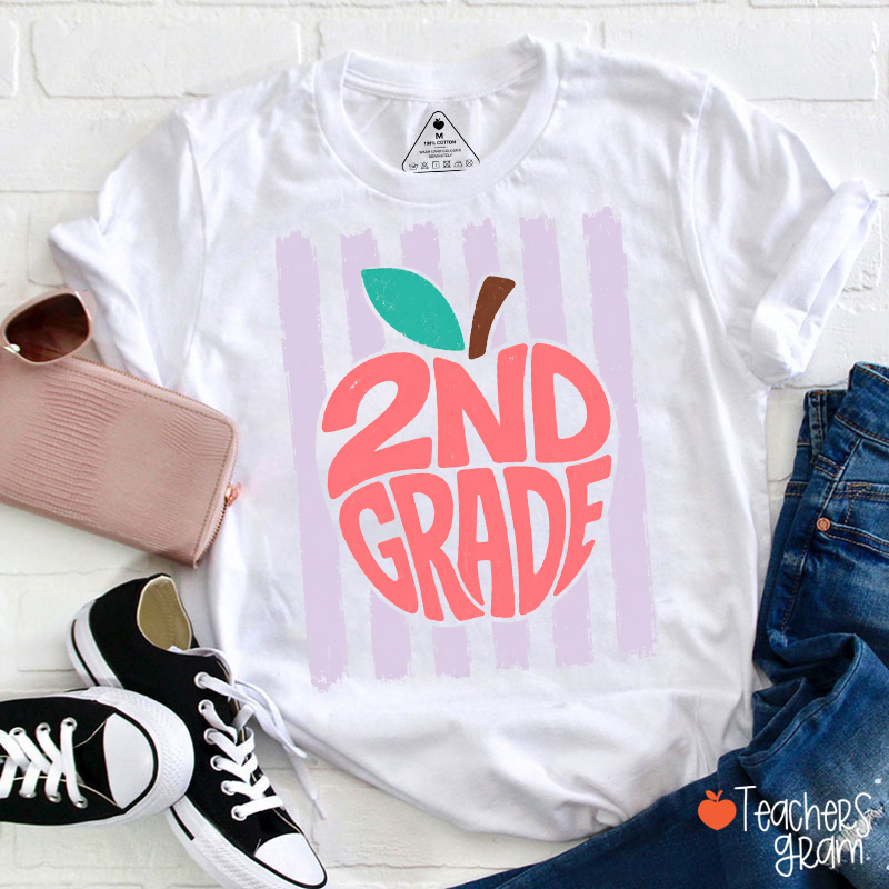 Personalized Grade Apple Vertical Stripe Teacher T‑Shirt