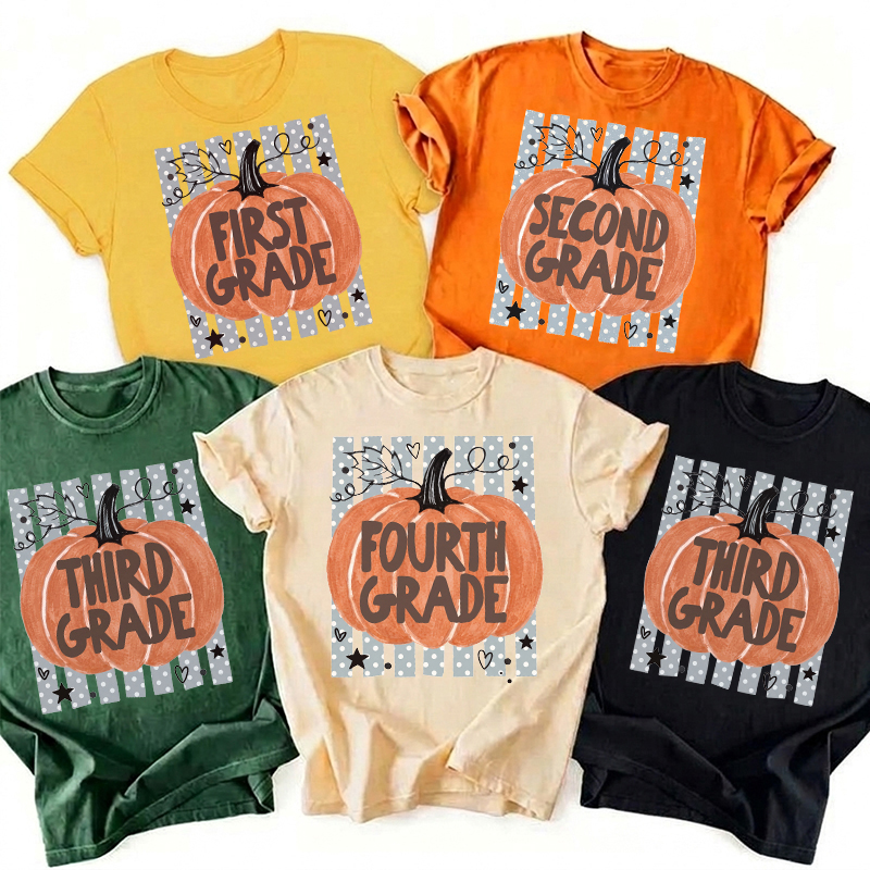 Personalized Grade Autumn Polka Dot And Stripe Pumpkin Teacher T-Shirt
