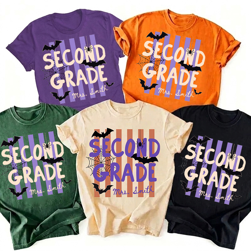 Personalized Grade Bat Spider Stripes Teacher T-Shirt