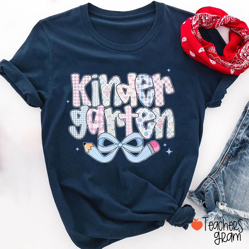 Personalized Grade Blue Pencil Bow Teacher T-Shirt