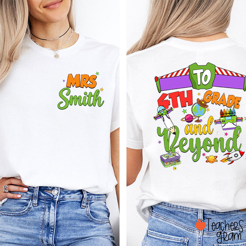 Personalized Grade Cartoon School Supply Rocket Teacher Two Sided T-Shirt