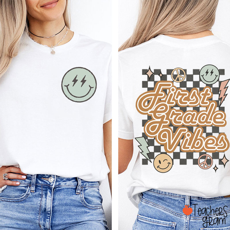 Personalized Grade Checkered Smiley Lightning Teacher Two Sided T-Shirt