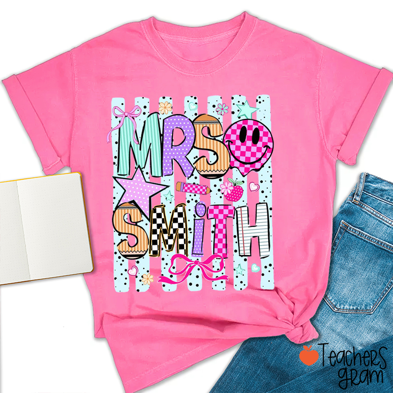 Personalized Grade Coquette Preppy Stripes Teacher T-Shirt