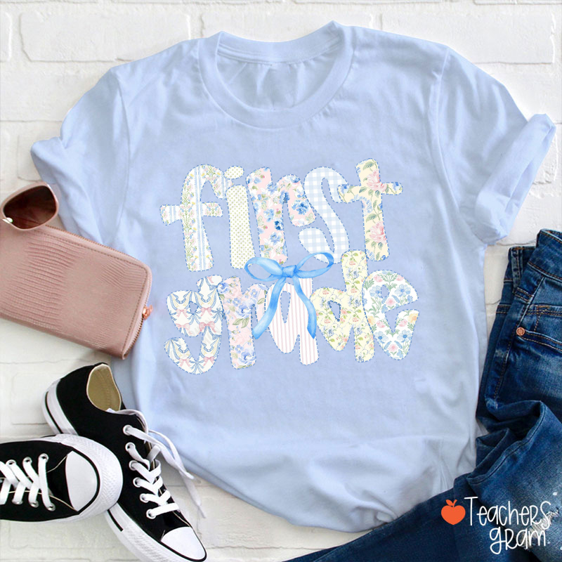 Personalized Grade Flower Fonts Blue Bow Teacher T-Shirt