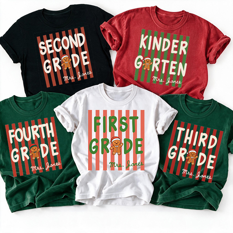 Personalized Grade Gingerbread Man Christmas Teacher T-Shirt