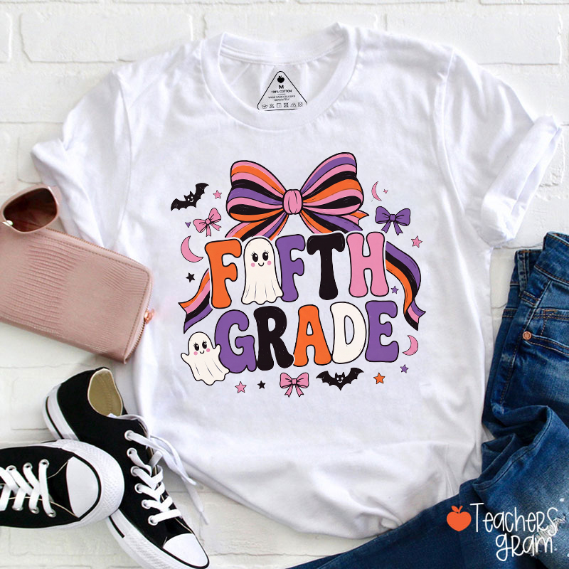 Personalized Grade Halloween Ghost Bow Bat Moon Graphic Teacher T‑Shirt