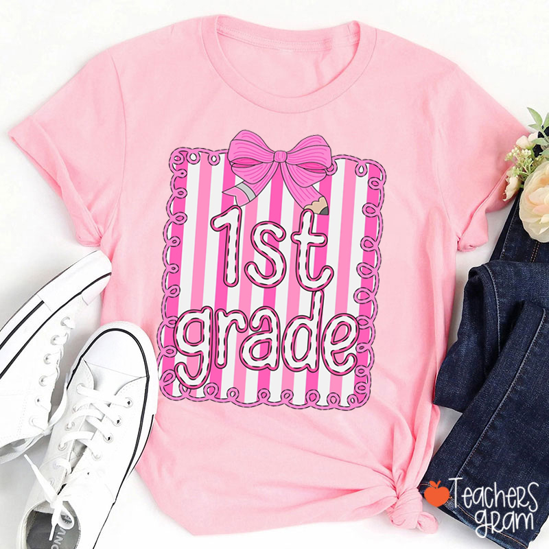 Personalized Grade Pink Stripes Pencil Bow Teacher T-Shirt