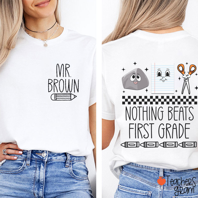 Personalized Grade Rock Paper Scissors Teacher Two Sided T-Shirt