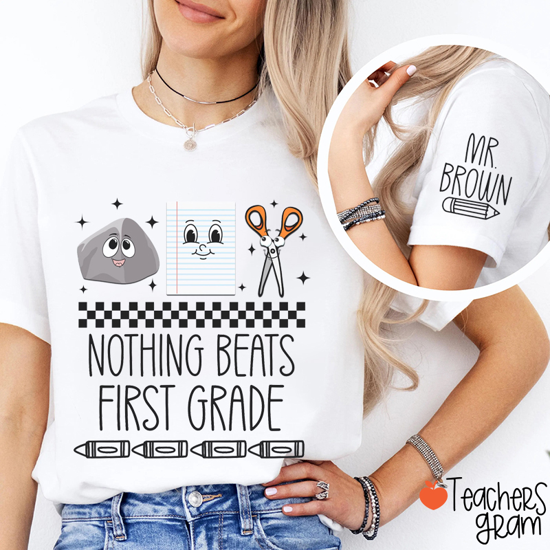 Personalized Grade Rock Paper Scissors Teacher Sleeve Print T-Shirt