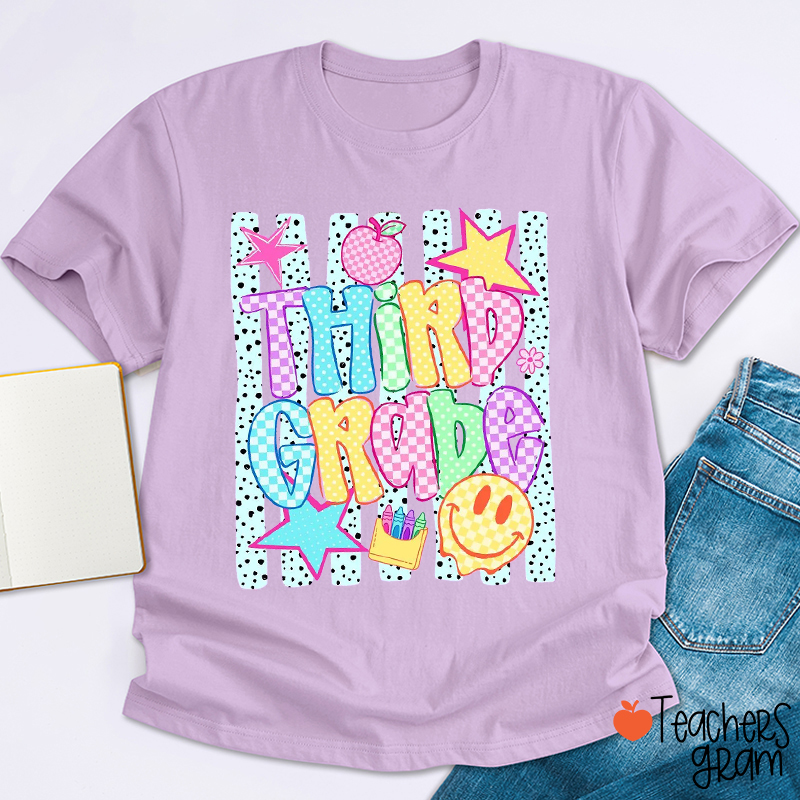 Personalized Grade Striped Neon Smiley Teacher T-Shirt