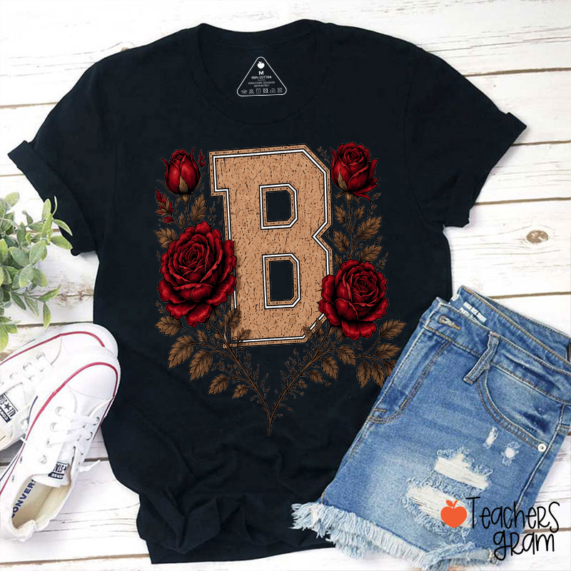 Personalized Initial Letter Red Rose Wreath Teacher T‑Shirt