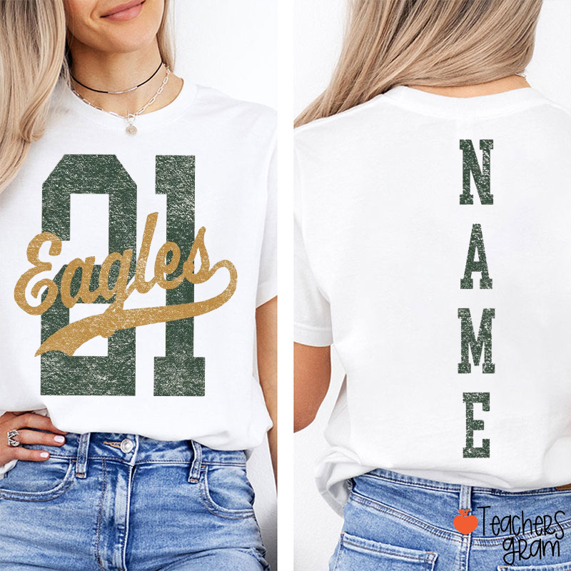 Personalized Mascot And Name Vintage Distressed Sports Graphic Teacher Two Sided T‑Shirt