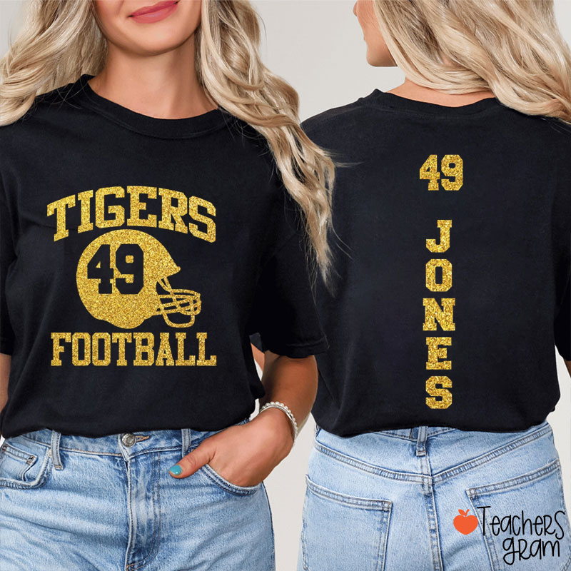 Personalized Mascot And Number Football Season Glitter Teacher Two Sided T-Shirt