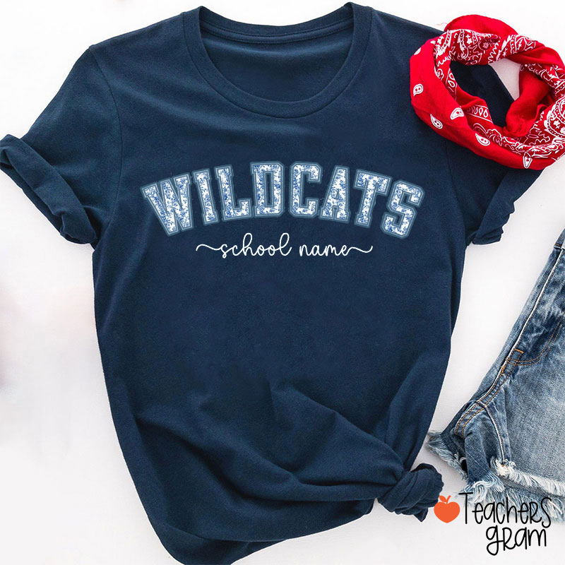 Personalized Mascot And School Name Blue And White Porcelain Teacher T-Shirt