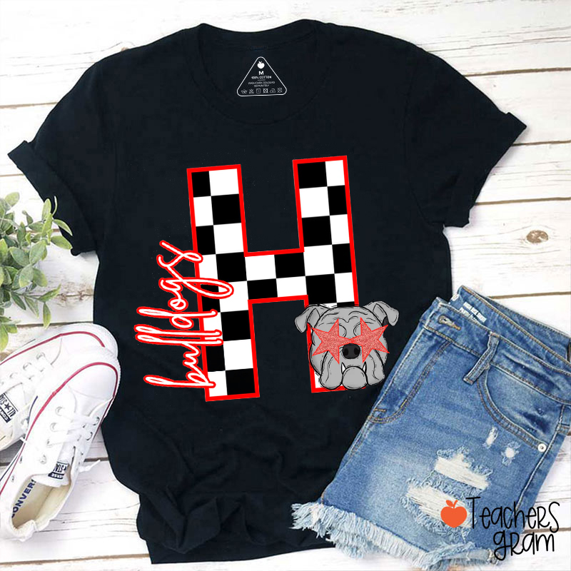 Personalized Mascot Checkered Letter Teacher T-Shirt