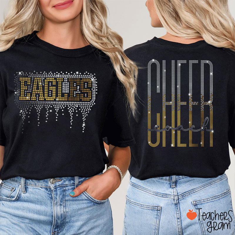 Personalized Mascot Cheer Drip Faux Rhinestone Teacher Two Sided T-Shirt
