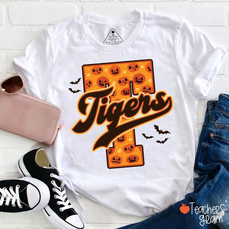 Personalized Mascot Halloween Letter Teacher T‑Shirt