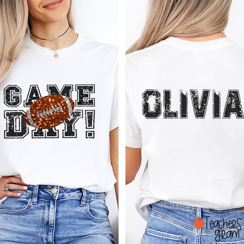 Personalized Mascot Imitation Glitter Game Day Teacher Two Sided T-Shirt