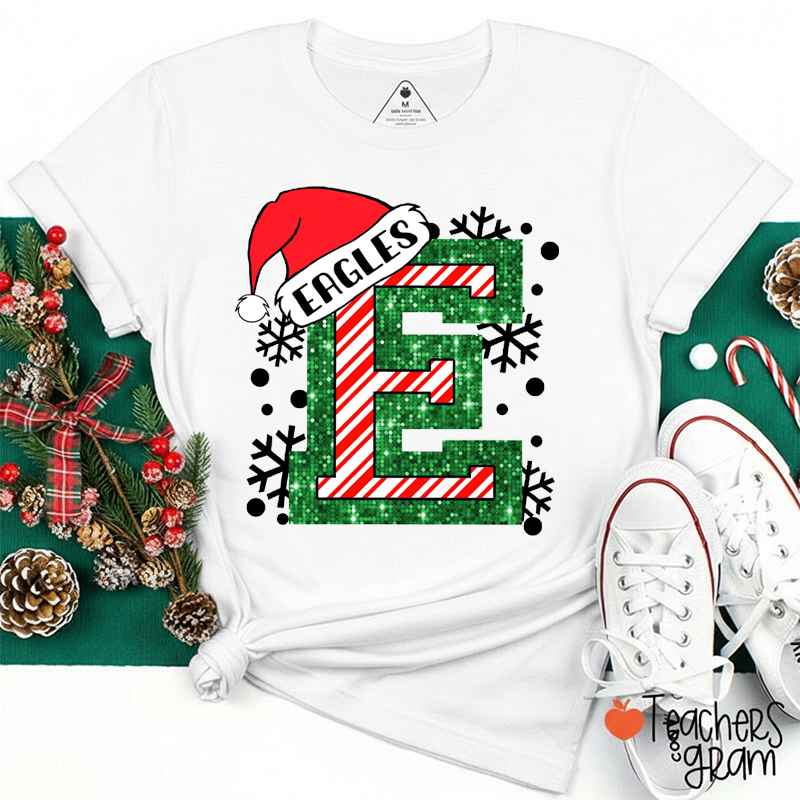 Personalized Mascot Or Name Initial Christmas Santa Hat Teacher T-Shirt