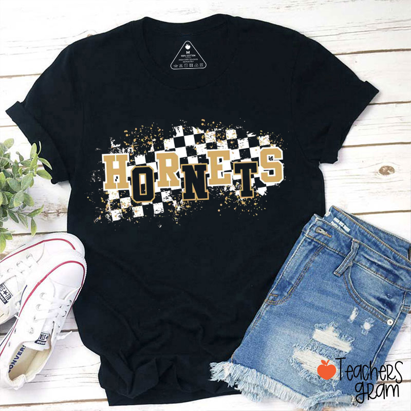 Personalized Mascot School Spirit Checkered Print Teacher T-Shirt