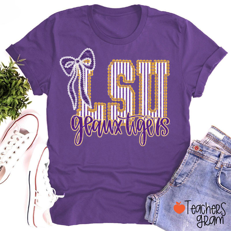 Personalized Mascot Striped Pearl Bow Teacher T-Shirt