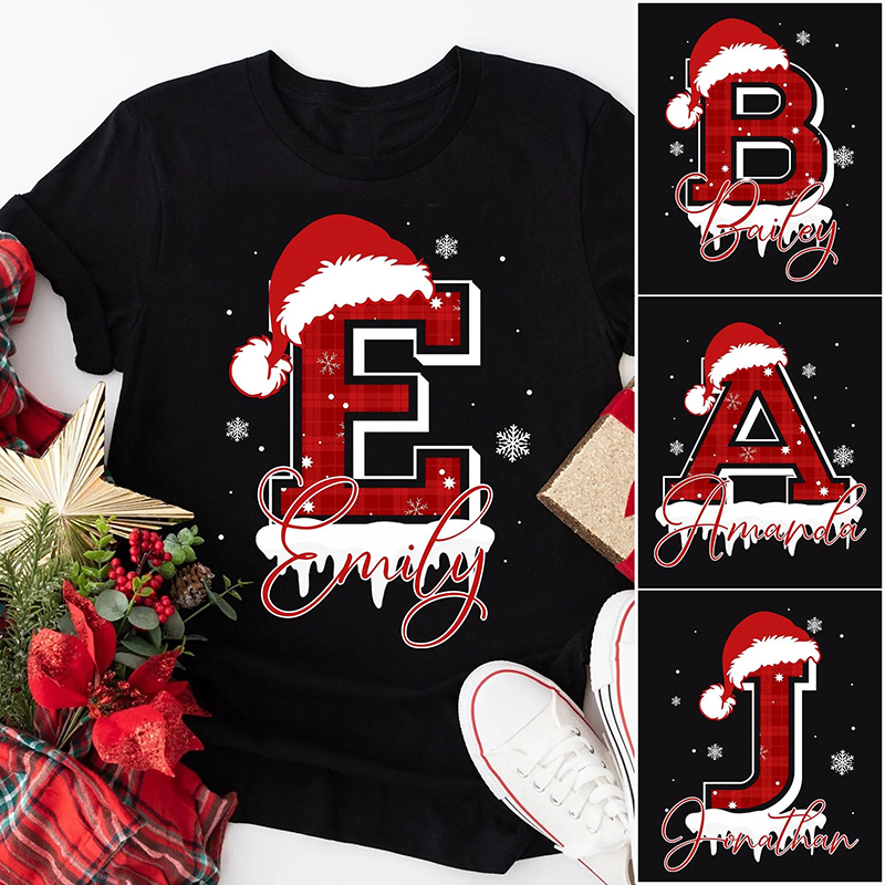 Personalized Monogram Santa Hat Buffalo Plaid Teacher T-Shirt