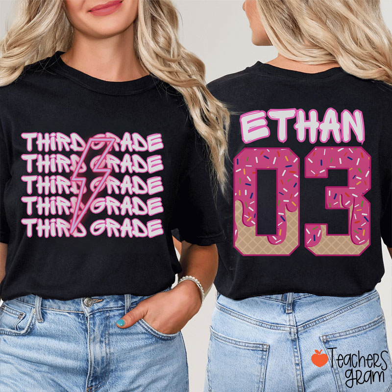Personalized Name And Grade Donut Frosting Dripping Teacher Two Sided T-Shirt