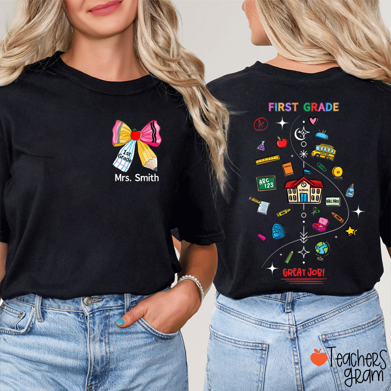 Personalized Name And Grade Great Job Teacher Two Sided T-Shirt