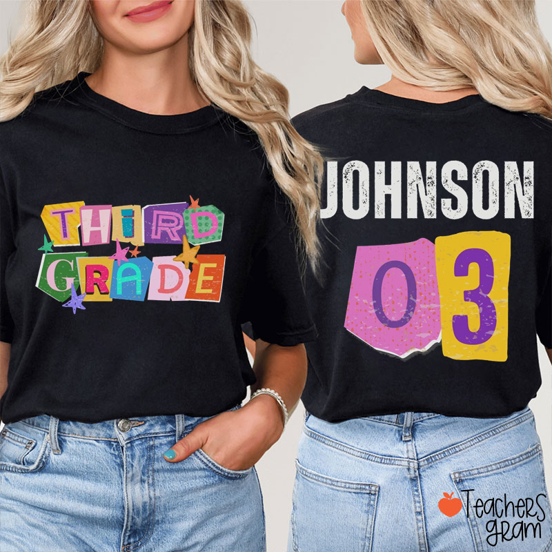 Personalized Name And Grade Letter Collage Teacher Two Sided T-Shirt