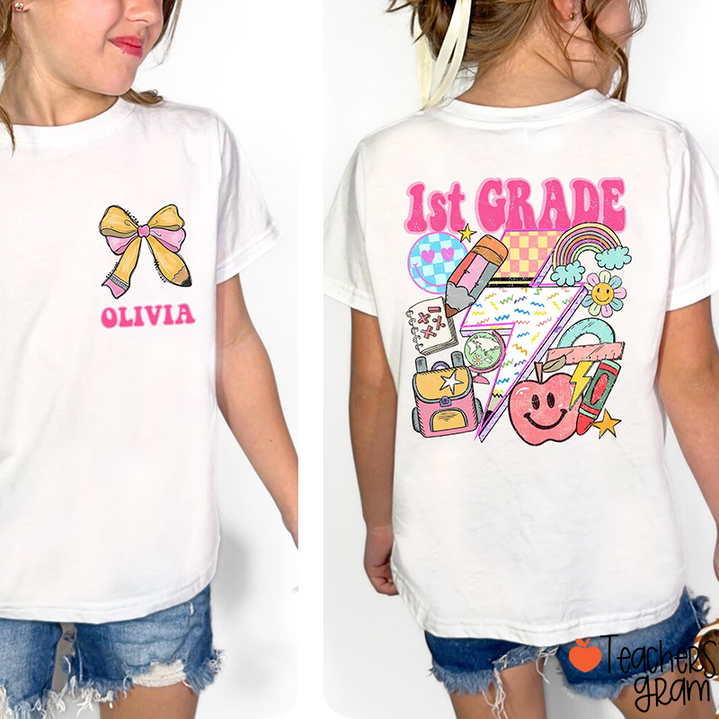 Personalized Name And Grade Lightning Apple Backpack Pencil Class Two Sided T-Shirt