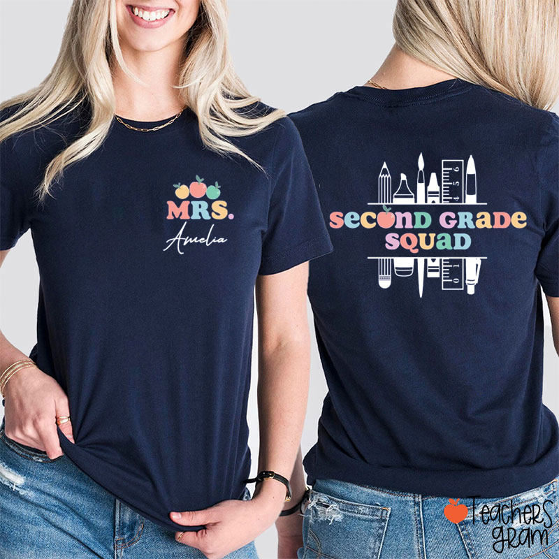 Personalized Name And Grade Pencil Crayons Ruler Teacher Two Sided T-Shirt