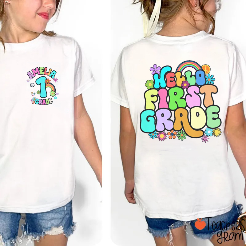 Personalized Name And Grade Rainbow Flowers Class Two Sided T-Shirt
