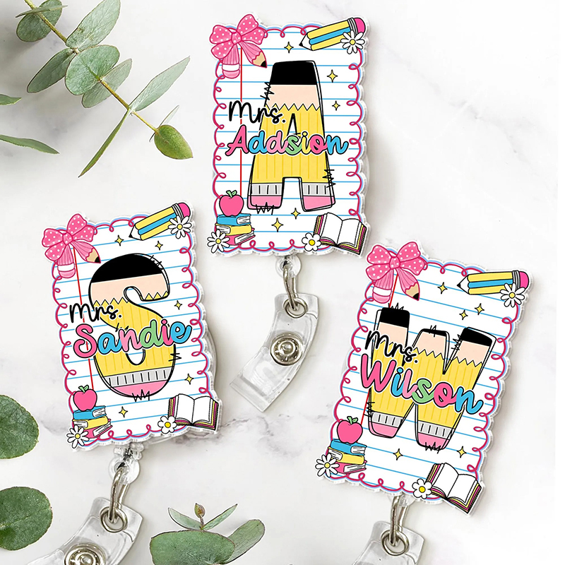 Personalized Name And Initial Notebook Bow Teacher Badge Reel
