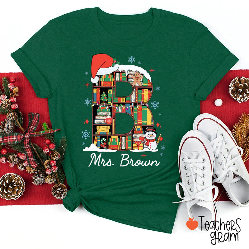 Personalized Name And Initials Christmas Bookshelf Teacher T-Shirt