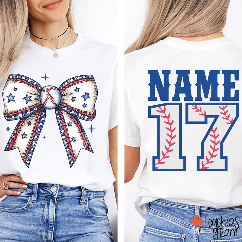 Personalized Name And Number Baseball Bow Teacher Two Sided T-Shirt